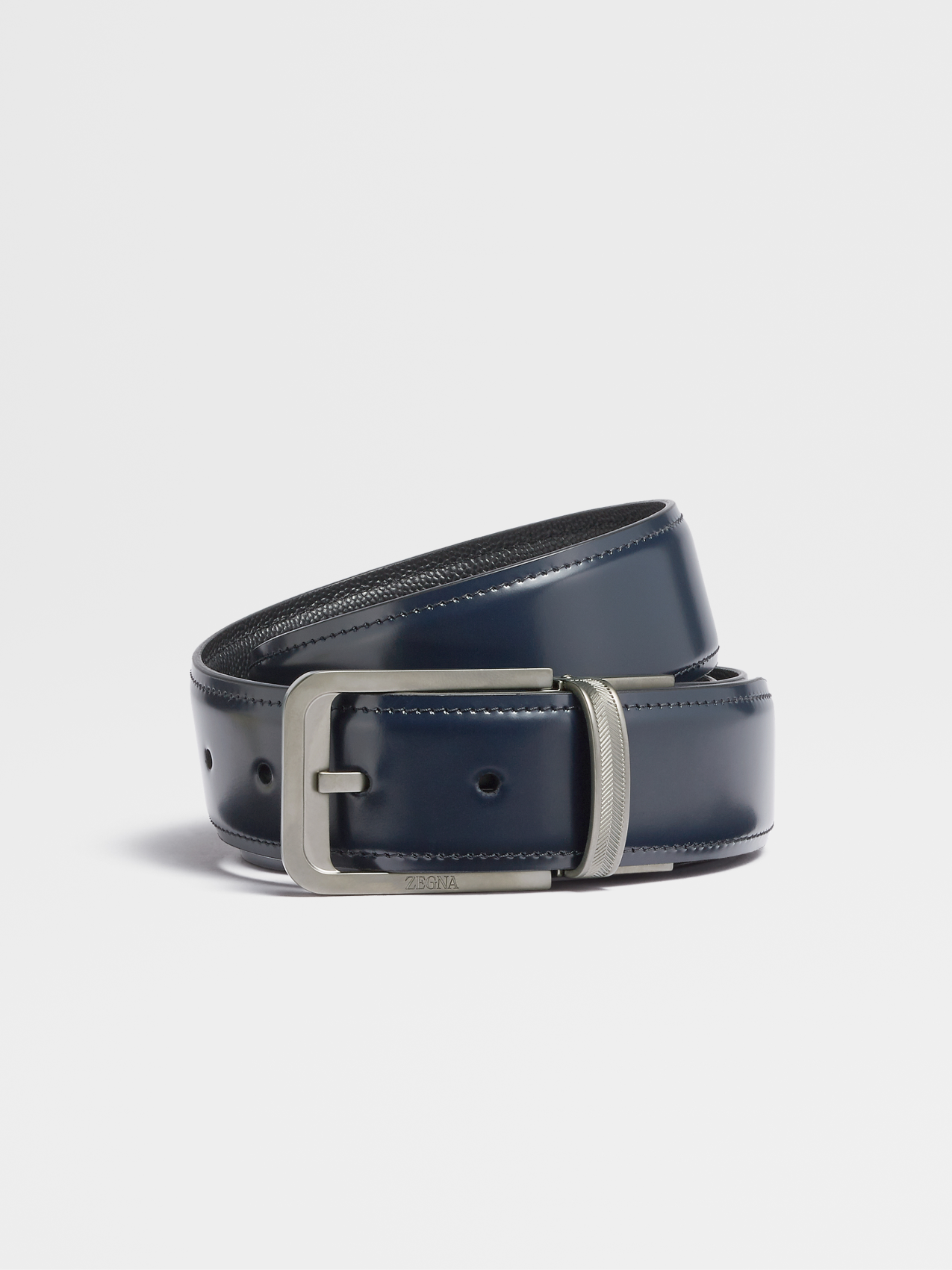 Blue Shiny Smooth Leather and Black Engraved Leather Reversible Belt